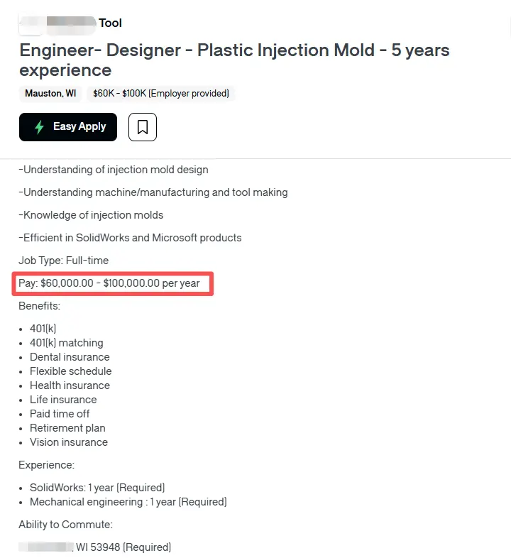 US injection mold designer salary